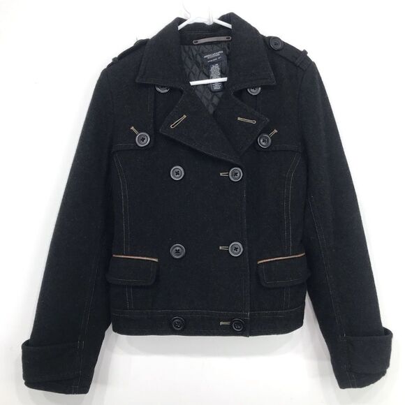 American Eagle Black Wool Blend Double Breasted Button Short Cut Pea Coat - Picture 2 of 16
